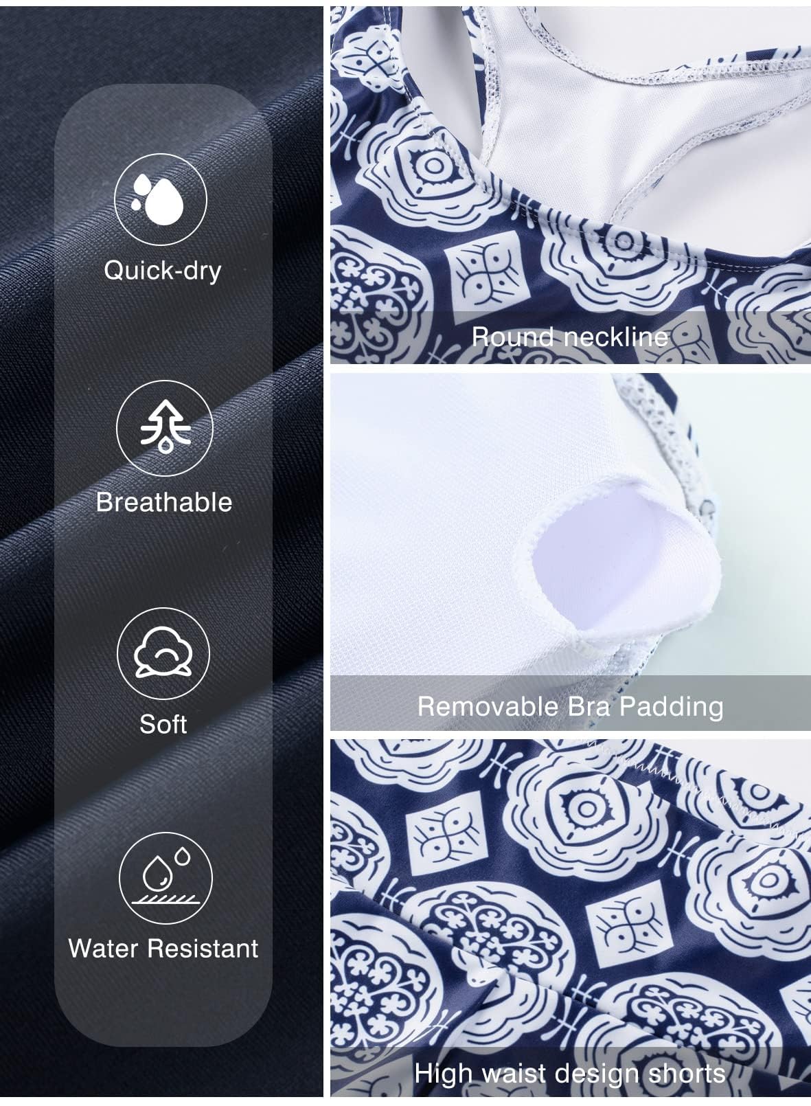 Aleumdr Three Piece Tankini Swimsuits for Women Athletic Bathing Suits Swim Tank Tops with Sports Bra and Boyshorts Bathing Suits Blue Small