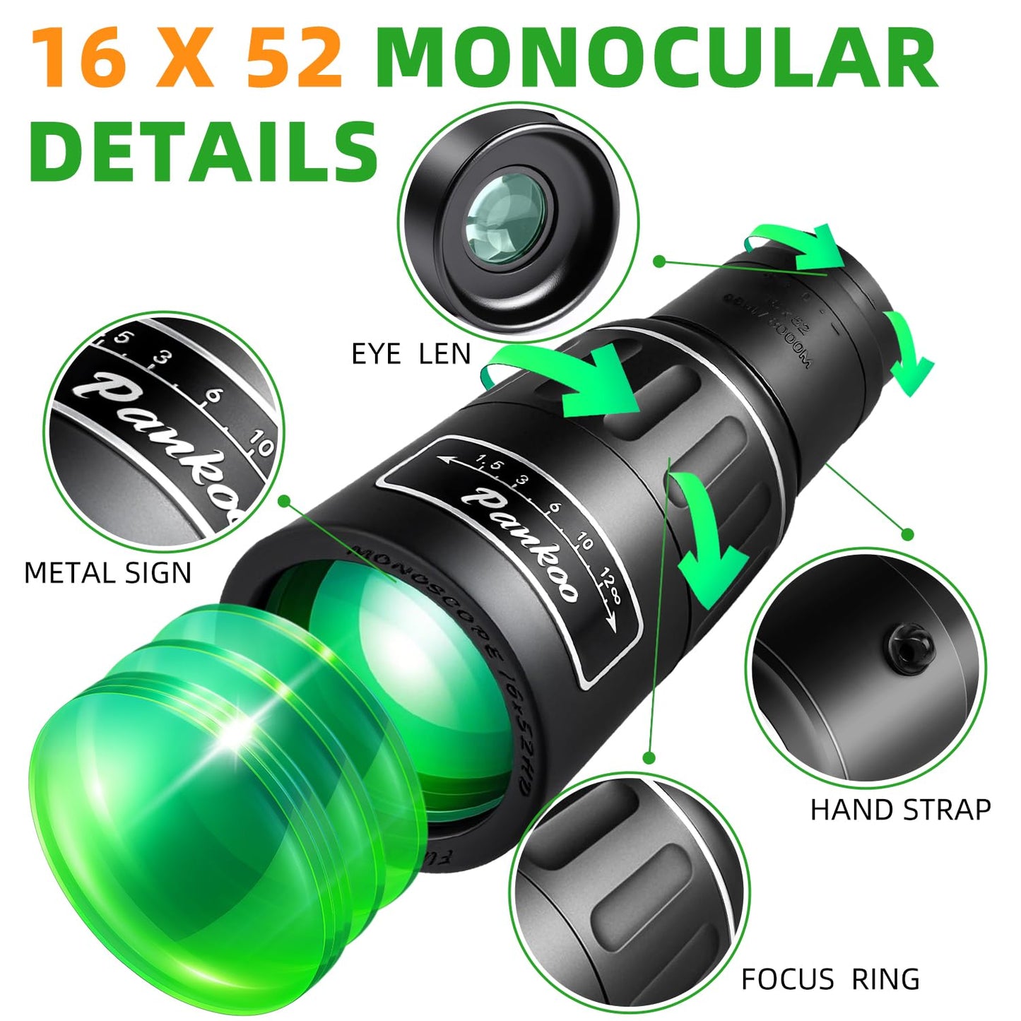 Pankoo 16X52 Monocular Telescope, 2025 High Power Prism Compact Monoculars for Adults Kids, HD Monocular Scope for Bird Watching Hiking Concert Travelling, D-Black