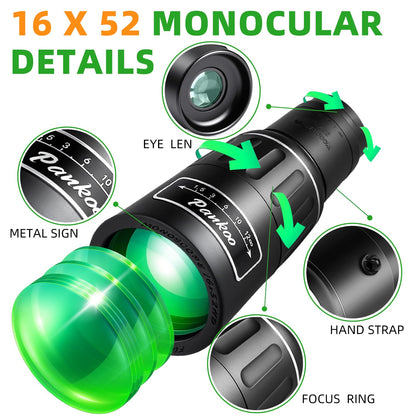 Pankoo 16X52 Monocular Telescope, 2025 High Power Prism Compact Monoculars for Adults Kids, HD Monocular Scope for Bird Watching Hiking Concert Travelling, D-Black