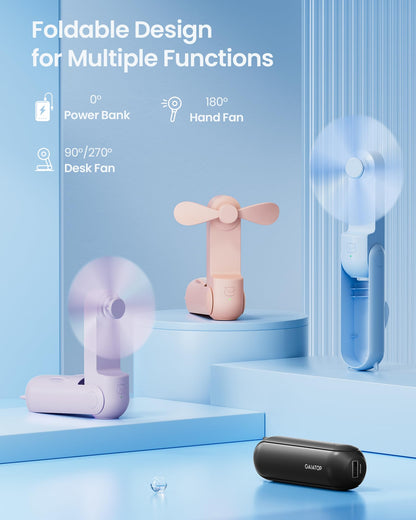 GAIATOP Portable Handheld Fan, 3 IN 1 Mini Foldable Travel Fans [17H Max Cooling Time] with Power Bank, Pocket Design USB Rechargeable for Travel Concert Lash Makeup, Summer Gifts for Women Girl, Blue