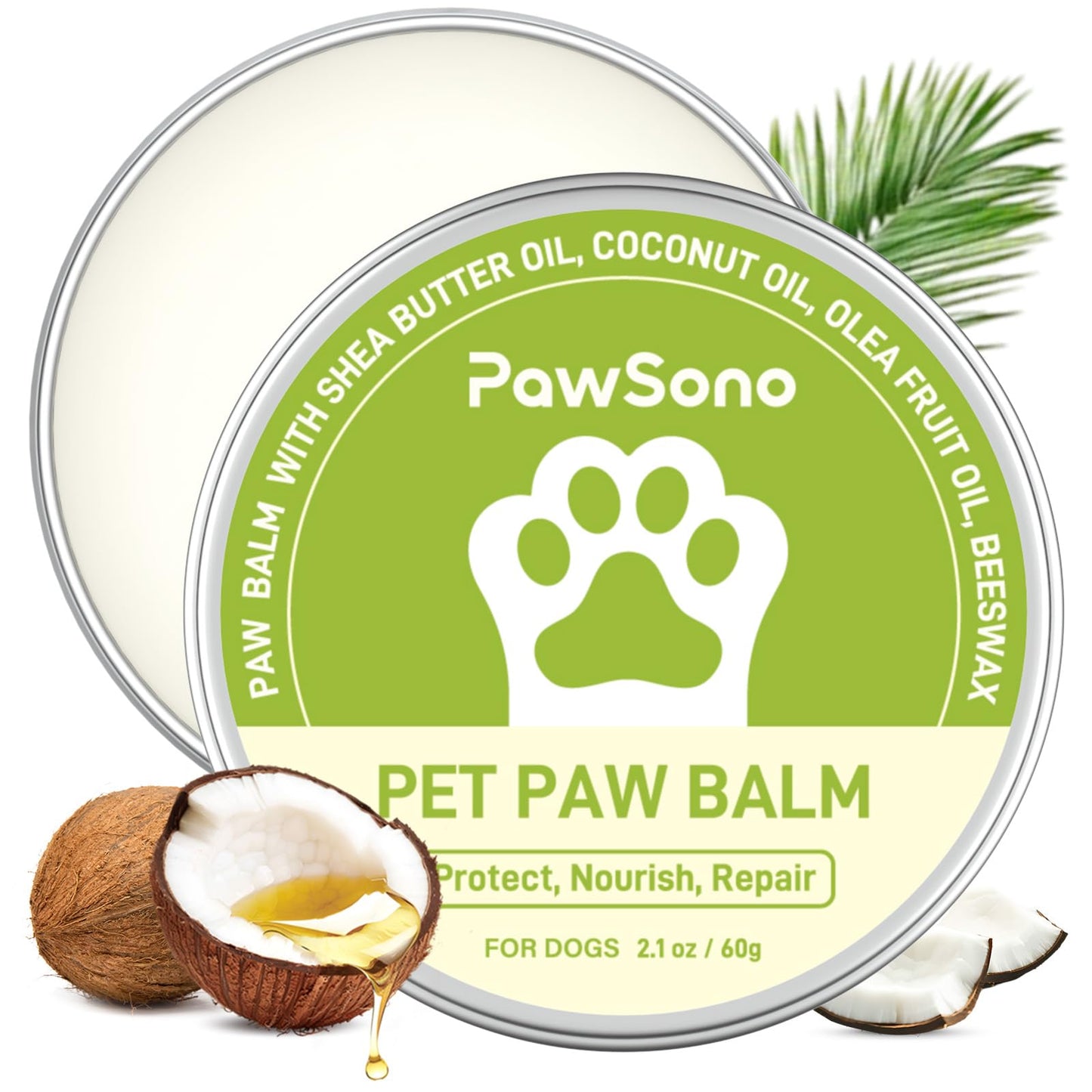PawSono Lick-Safe Dog Paw & Nose Balm with Coconut Oil | All-Natural Moisturizer & Soother for Dry, Cracked Pads & Snout| Cat Wax & Cream, Nose Butter for frenchies| Horse Hoof Care (60 g /2.1 oz)