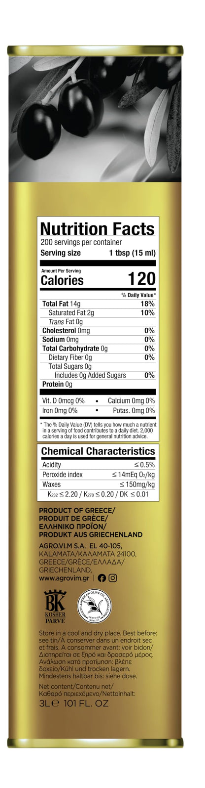 Iliada Kalamata PDO Extra Virgin Olive Oil, 3Lt | Multi-Awarded | Single Region 100% Greek | Monovarietal Koroneiki | Cold Press | Polyphenol Rich | Chef's Favorite