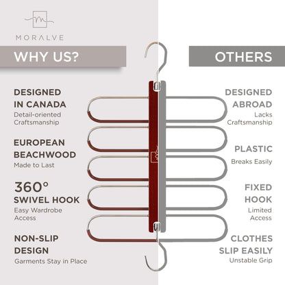 MORALVE Pants Hangers Space Saving - 2 Pack European Beechwood Scarf and Jean Hangers - Closet Organizer and Space Saver Pant Rack, Leggings Hanger, and Scarf Holder with 360° Swivel Hook