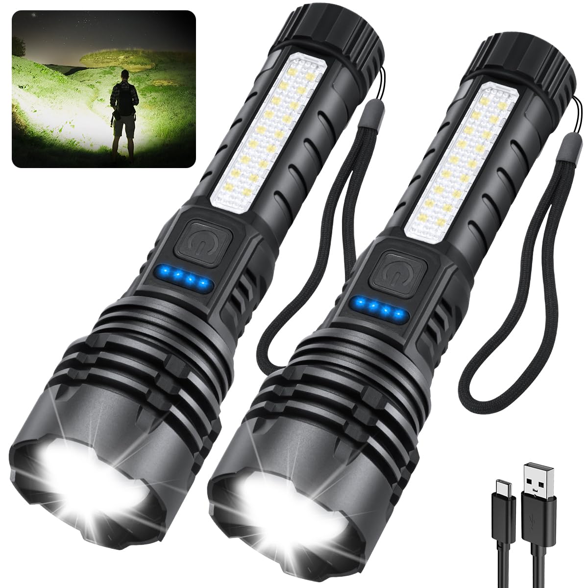 Rechargeable Flashlights High Lumens, 7Mode Flashlights Rechargeable, Super Bright Flashlight, Adjustable Tactical Flash Light, High Powered Flash Light, LED Flashlight for Emergency Home 2Pack
