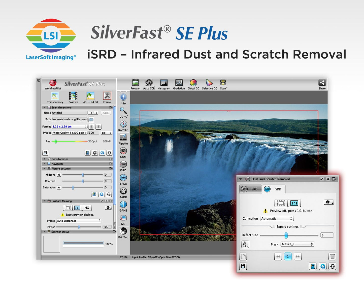 Plustek OpticFilm 8200i SE , 35mm Film & Slide Scanner. 7200 dpi / 48-bit Output. Integrated Infrared Dust/Scratch Removal. Bundle Silverfast SE Plus 9 , Support Mac and PC.