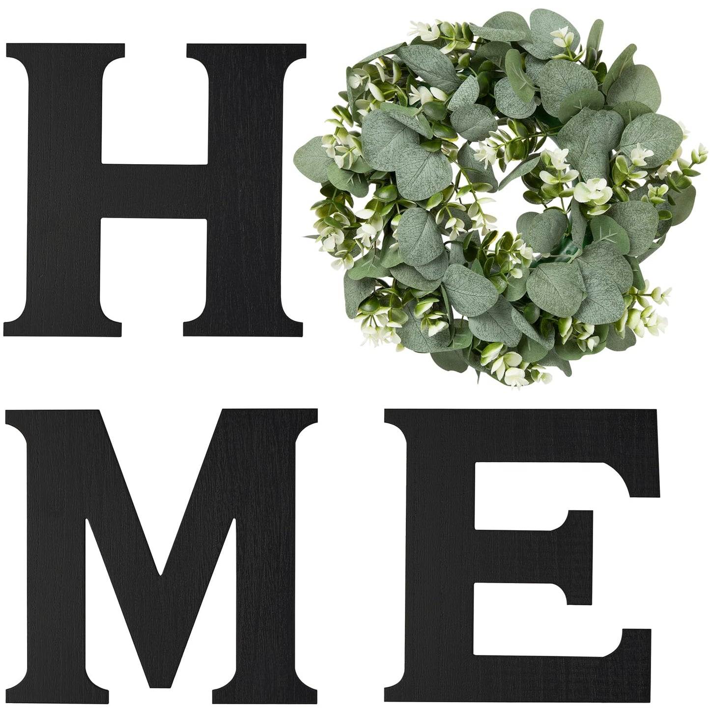 Mkono Farmhouse Wall Home Sign with Artificial Eucalyptus for O Rustic Wooden Hanging Letters Decorative Wall Art Decor for Living Room Kitchen Entryway Housewarming Gift, Black