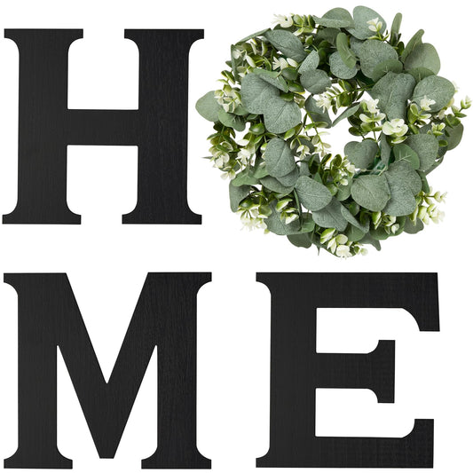 Mkono Farmhouse Wall Home Sign with Artificial Eucalyptus for O Rustic Wooden Hanging Letters Decorative Wall Art Decor for Living Room Kitchen Entryway Housewarming Gift, Black