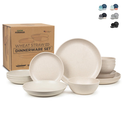Grow Forward 16-piece Premium Wheat Straw Dinnerware Sets for 4 - Unbreakable Dishwasher & Microwave Safe Plastic Plates and Bowls Sets - Patio, Outdoors, RV, Camping Dishes - Sahara