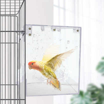 PINVNBY Bird Bath Box for Cage,Transparent Parakeet No-Leakage Bathtub Hanging Cube Tube Shower Box Cages Accessory with Water Injector and Balls Toys for Pet Birds Canary Parakeet Cockatoos (8 Pcs)
