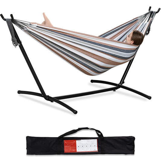 PNAEUT Double Hammocks with Stand for Outside, Portable Space Saving Heavy-Duty Steel Stand for Indoor Outdoor Patio with Carrying Bag, 450 lbs Capacity (Coffee)