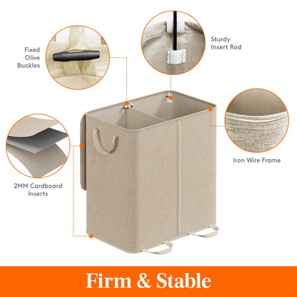 Lifewit Double Laundry Hamper with Lid and Removable Laundry Bags, Large Collapsible 2 Dividers Dirty Clothes Basket with Handles for Bedroom, Laundry Room, Closet, Bathroom, College, 136L Beige