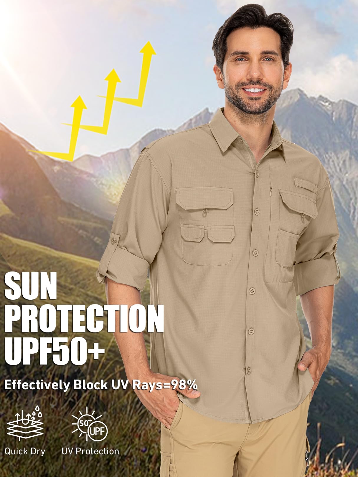 linlon Mens Safari Shirts Long Sleeve UV Protection Hiking Fishing UPF 50+ Quick Dry Cooling Camping Travel Shirts#5066-Khaki-XL