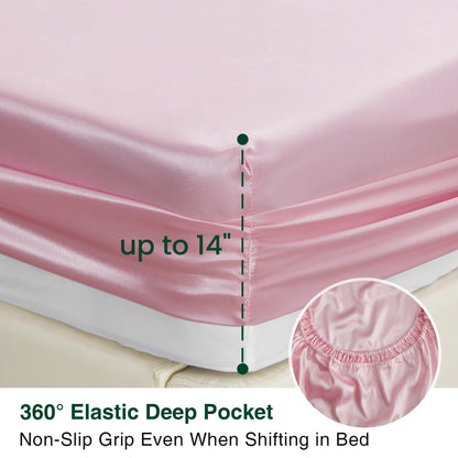 Love's cabin Satin Queen Sheets Set - 4 Piece Pink Silky Bed Sheets Set with Deep Pocket, Luxury Silk Feel Satin Queen Size Sheet Set (1 Flat Sheet,1 Fitted Sheet,2 Pillow Cases)