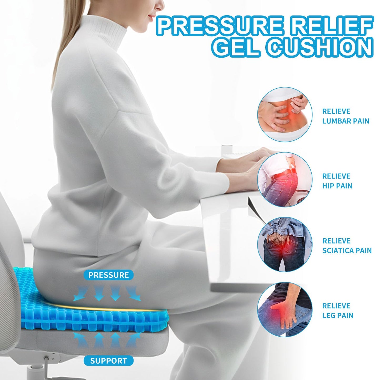 Gel Seat Cushion for Long Sitting - 16.5" x 14.5" x 2.4" (Extra Thick＆Soft) Gel Cushion for People Over 180 lbs, Pressure Relief Cushion for Office Chair, Egg Cushions for Wheelchair, Gel Pad for Car