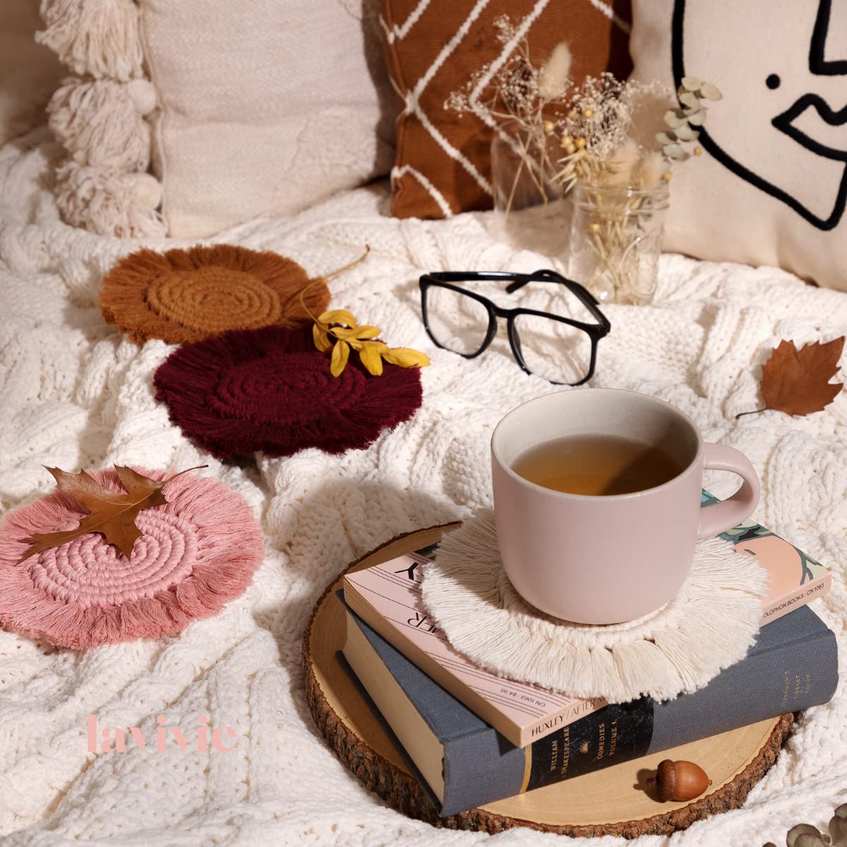 lavivie Cute Macrame Coasters Woven Boho Decor Handmade Absorbent Aesthetic, for Desk Office Table Kitchen Dining Room Cup Drinks Picnic Housewarming Home Rattan Wicker Bamboo (Dusty Pink (Set of 2))