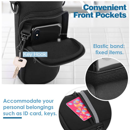 Nuovoware Water Bottle Carrier Bag, 25oz/32oz Bottle Pouch Holder, Adjustable Shoulder Hand Strap 2 Pocket Sling Neoprene Sleeve Sports Accessories for Hiking Travelling Camping, Black