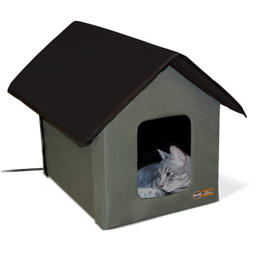 K&H Pet Products Heated Outdoor Cat House for Outside Pets in Winter, Weatherproof Outdoor House for Ferals, Insulated Kitty Shelter, 2 Doors, Waterproof Heated Cat Bed, Safety Listed - Olive/Black