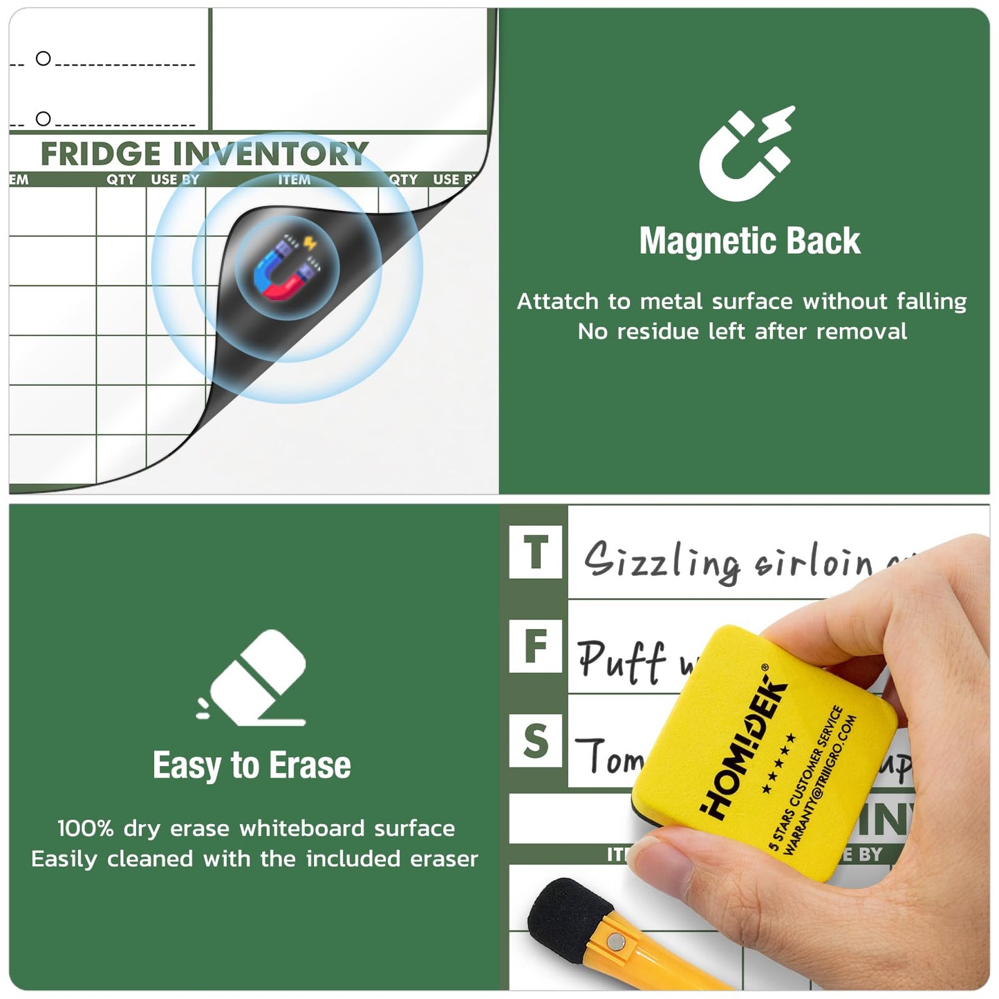 Magnetic Meal Planner Menu Board: Reusable Dry Erase Family Planning Board with Grocery List & Fridge Freezer Inventory List for Refrigerator, Dry Erase Markers and Eraser Included - 14x11 Inches