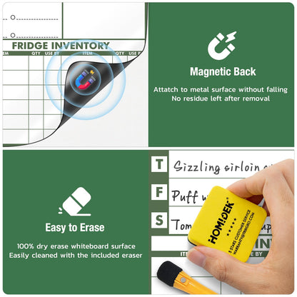 Magnetic Meal Planner Menu Board: Reusable Dry Erase Family Planning Board with Grocery List & Fridge Freezer Inventory List for Refrigerator, Dry Erase Markers and Eraser Included - 14x11 Inches