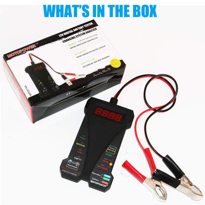 MOTOPOWER MP0514A 12V Digital Car Battery Tester Voltmeter and Charging System Analyzer with LCD Display and LED Indication - Black Rubber Paint
