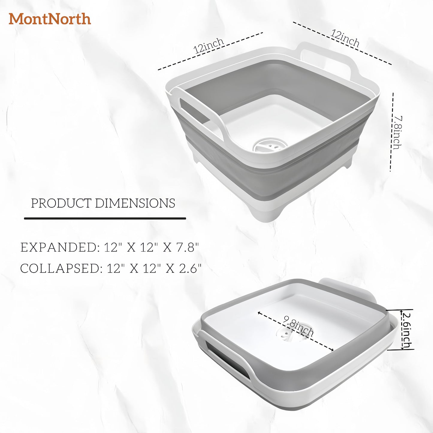 MontNorth Collapsible Wash Basin 9L, Foldable Dish Tub with Drain Plug, Portable Collapsible Dish Basin, Camping Sink for Washing Dishes, Laundry & Kitchen Use,Gray
