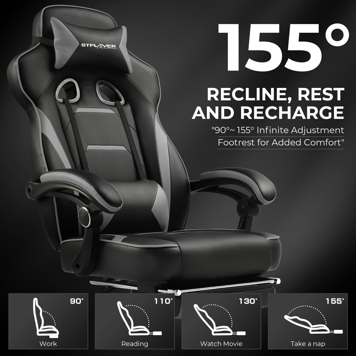 GTPLAYER Gaming Chair with Footrest, Big and Tall Computer Game Chair 350lb Racing Style, Ergonomic High Back Lumbar Support and Recliner, Moon Gray