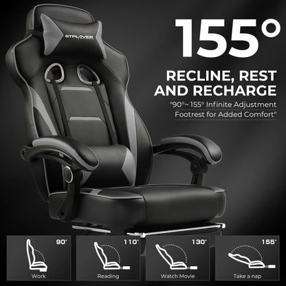 GTPLAYER Gaming Chair with Footrest, Big and Tall Computer Game Chair 350lb Racing Style, Ergonomic High Back Lumbar Support and Recliner, Moon Gray
