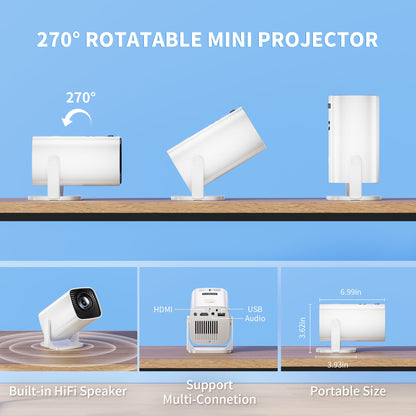 Mini Projector, Portable Projector 4K Support, Full HD 1080P Outdoor Projector, 270° Rotation Movie Projector, Compatible with Smartphone, TV Stick, Laptop, PS4, HDMI, USB (No WiFi or Bluetooth)