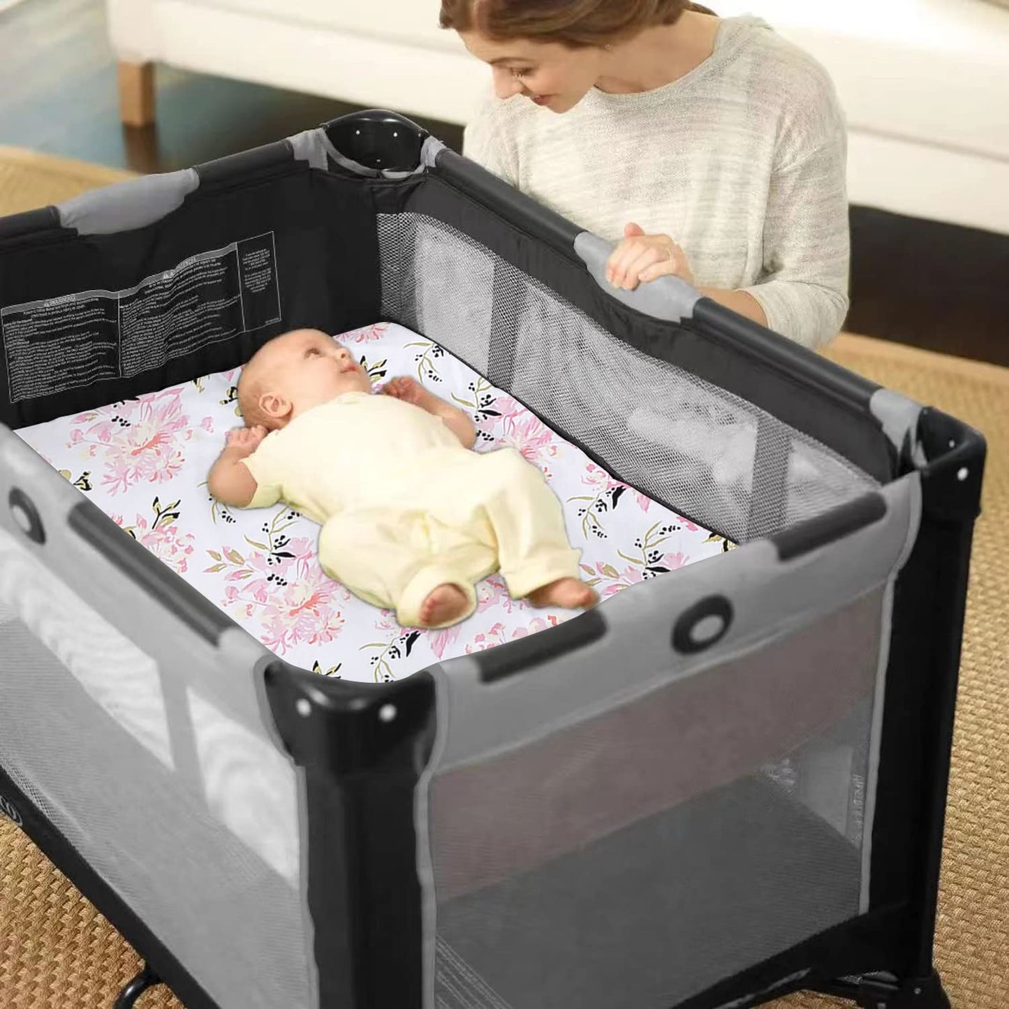 Little Grape Land Pack and Play Sheets Mini Crib Sheets Soft Breathable Pack N Play Sheets, Playard Fitted Sheet 2 Pack Stretchy Fits 38"x26" Playard Mattress, Pink Floral