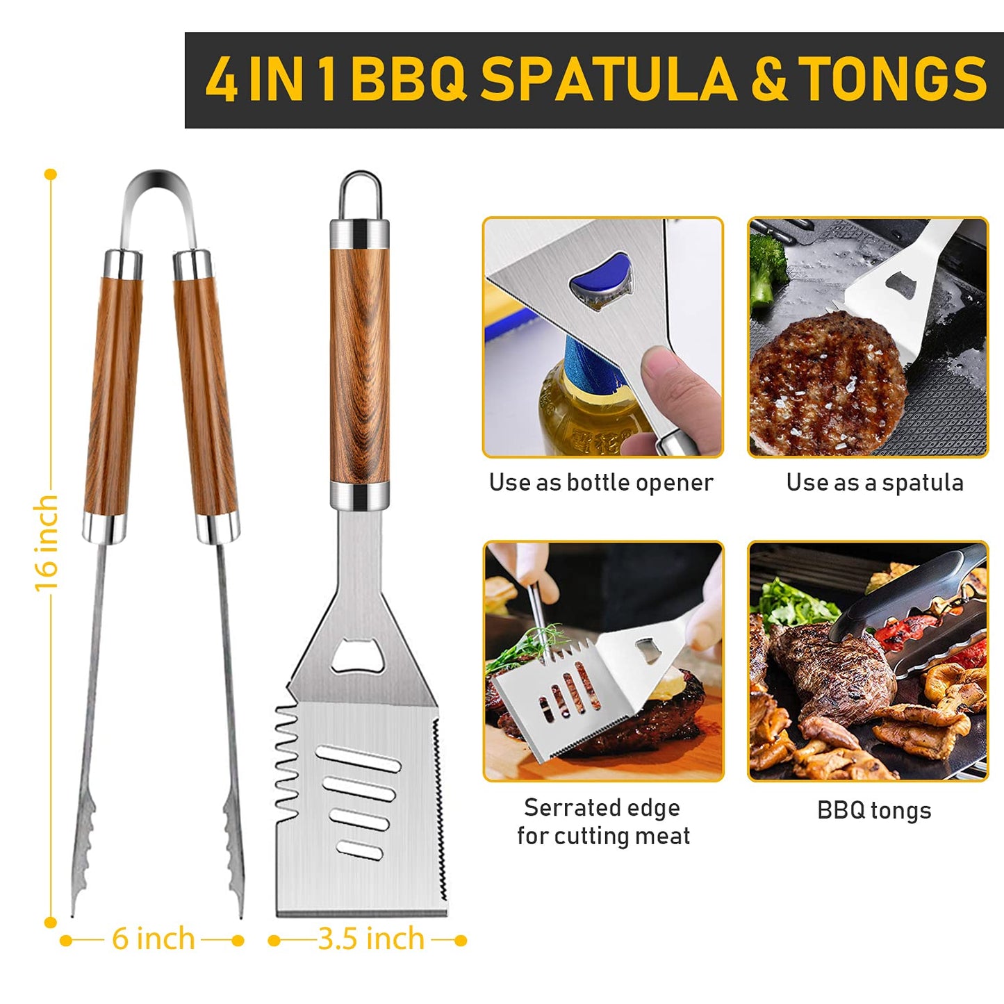 34Pcs Grill Accessories Grilling Gifts for Men, 16 Inches Heavy Duty BBQ Accessories, Stainless Steel BBQ Tools with Thermometer, Grill Mats for Backyard, BBQ Gifts Set for Men Women