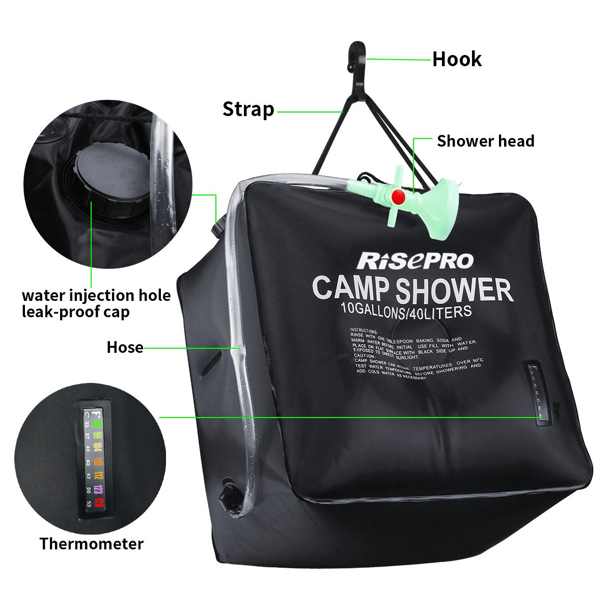 RISEPRO 10 gallons/40L Solar Shower Bag Solar Heating Camping Shower Bag with Temperature Hot Water Outdoor Hiking Climbing XH07
