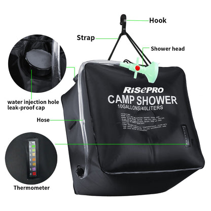 RISEPRO 10 gallons/40L Solar Shower Bag Solar Heating Camping Shower Bag with Temperature Hot Water Outdoor Hiking Climbing XH07