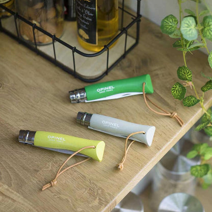 Opinel Colorama No.07 Folding Pocket Knife, Painted Wood Handles, Leather Lanyard (Anise)