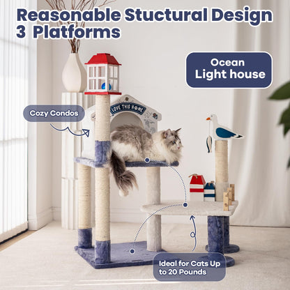 HYABi 43.5-Inch Novelty House Seagull Buoy Collapsible Cat Tree Tower Condo Bed Furniture Plush Ball Toy Fish Platforms Multi-Level with Scratching Posts Play for Indoor Cats