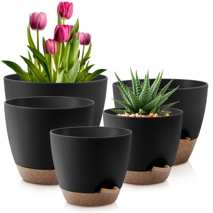 QRRICA Plant Pots 10/9/8/7.5/7 Inch Self Watering Pots, Set of 5 Plastic Planters with Drainage Holes and Saucers,Plastic Flower Pots,Nursery Planting Pot for Indoor Out Door Plants(Black Brown)