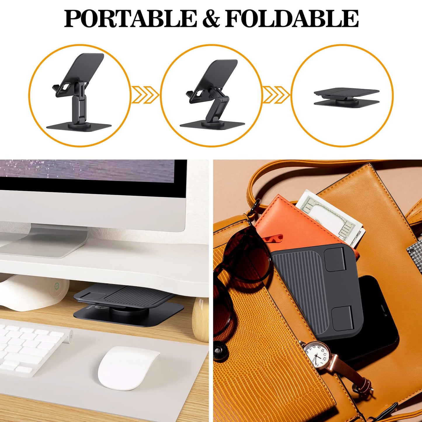 OCYCLONE for iPad Stand for Desk, 360 Rotating Adjustable Portable Monitor Tablet Holder Office Accessories Compatible with Kindle 4" - 15.6" Tablet iPad PS iPhone, Black