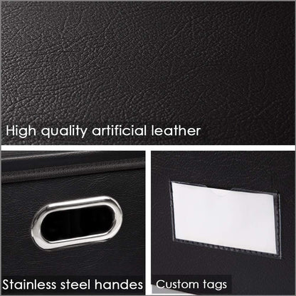 PRANDOM Collapsible Storage Bins with Lids [3-Pack] Leather Fabric Foldable Storage Boxes Organizer Containers Baskets Cube with Cover for Bedroom Closet Office Nursery Black (14.9x10.8x10)