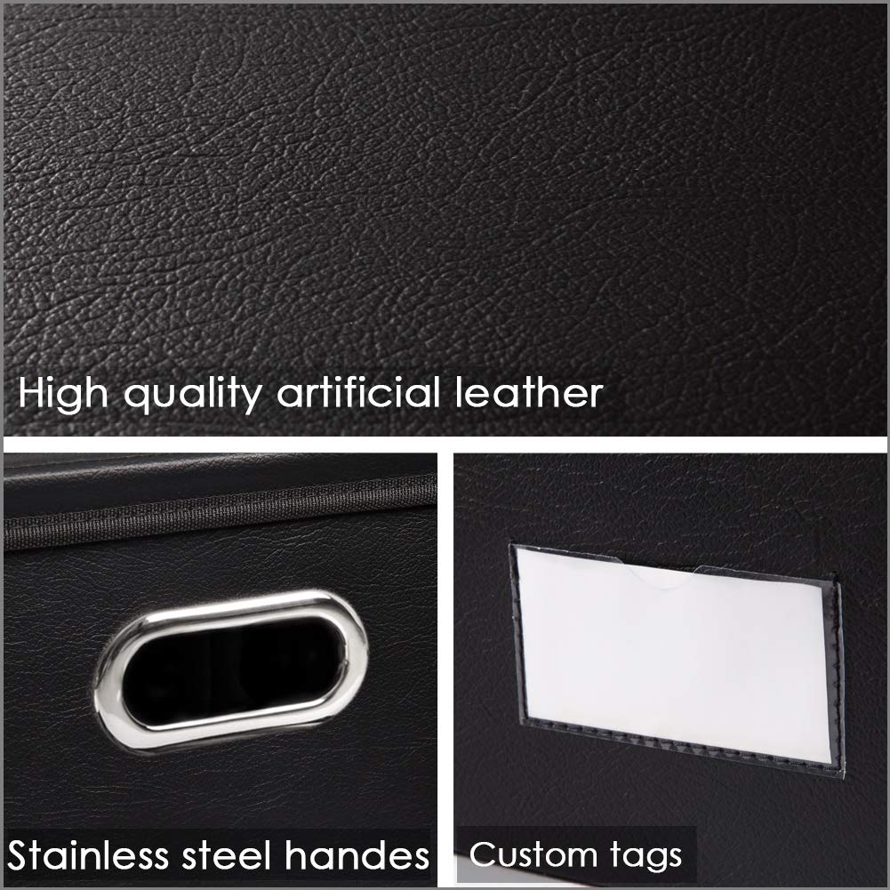 PRANDOM Collapsible Storage Bins with Lids [3-Pack] Leather Fabric Foldable Storage Boxes Organizer Containers Baskets Cube with Cover for Bedroom Closet Office Nursery Black (14.9x10.8x10)