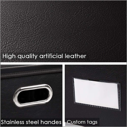 PRANDOM Collapsible Storage Bins with Lids [3-Pack] Leather Fabric Foldable Storage Boxes Organizer Containers Baskets Cube with Cover for Bedroom Closet Office Nursery Black (14.9x10.8x10)