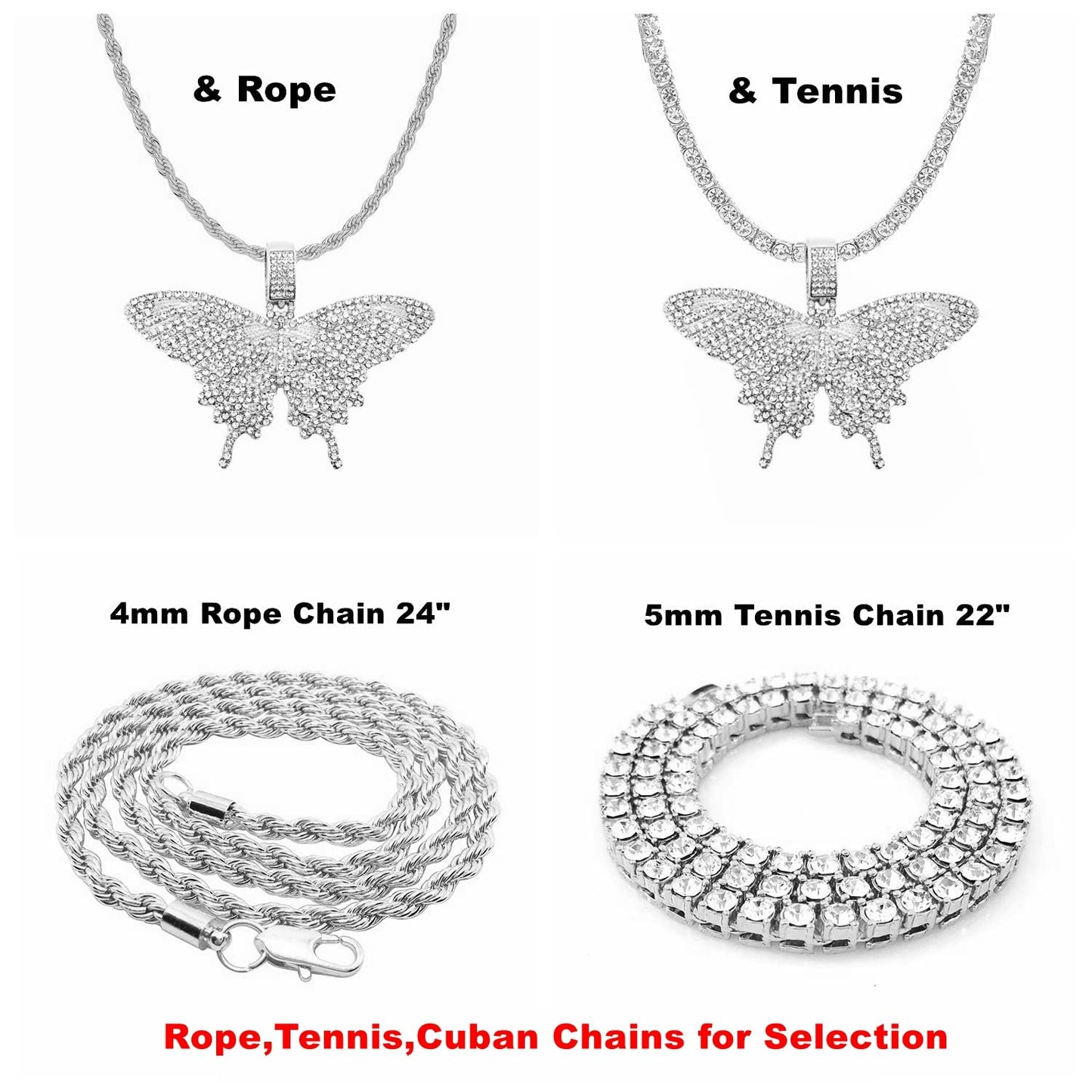 HH BLING EMPIRE Iced Out Silver/Gold Diamond Butterfly Necklace for Men Women, Hip Hop Big Butterfly Pendant with Rope/Tennis/Cuban Link Chains 22 Inch (Silver butterfly A & Tennis Chain)