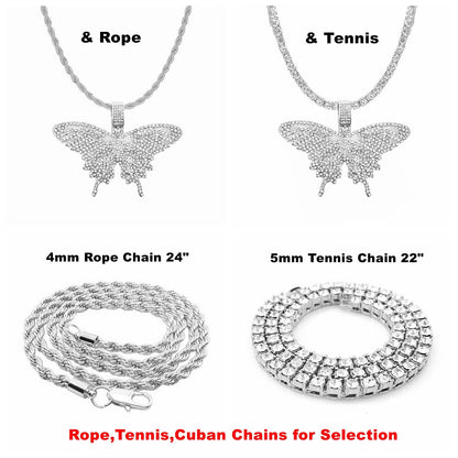 HH BLING EMPIRE Iced Out Silver/Gold Diamond Butterfly Necklace for Men Women, Hip Hop Big Butterfly Pendant with Rope/Tennis/Cuban Link Chains 22 Inch (Silver butterfly A & Tennis Chain)