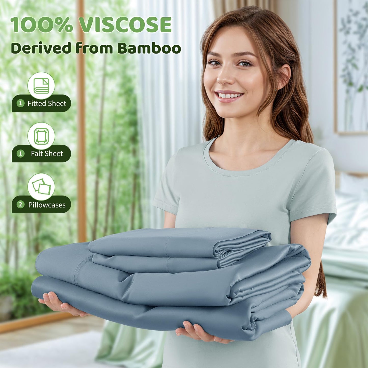 LBRO2M Cooling Bed Sheet 100% Viscose Derived from Bamboo Sheet Set 4 Piece King Size,Fit Up to 16" Deep Mattress, 1800 TC Sheet Super Soft Silky,Breathable Cool Bedding (King Dusty Blue)