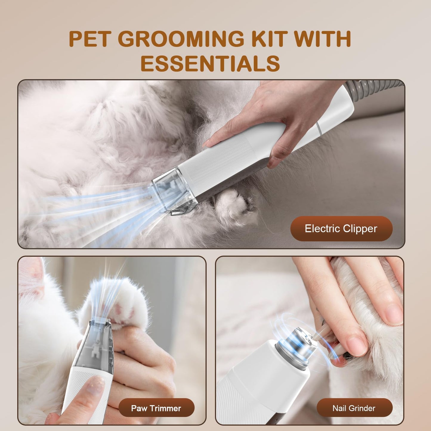 Ozumek Dog Grooming Vacuum, Dog Grooming Kit with Pet Clipper Nail Grinder, 3 Suction Modes Dog Brush Vacuum with 6 Pet Grooming Tools (Brown)