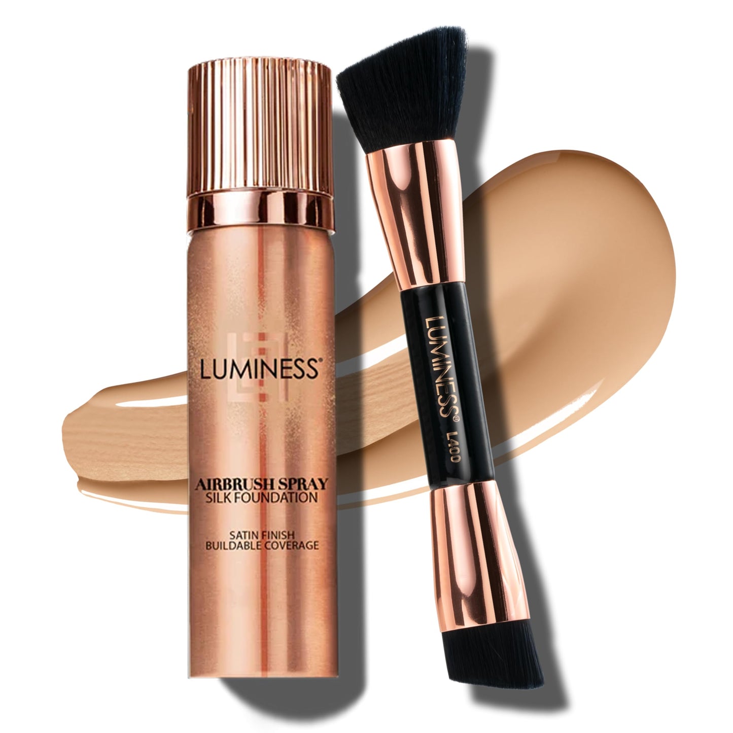 LUMINESS Silk Airbrush Spray Foundation & Buffing Brush Kit – Full Coverage Foundation & Dual-Sided Buffing Brush - Buildable Coverage, Anti-Aging Formula Hydrates & Moisturizes - Light Medium