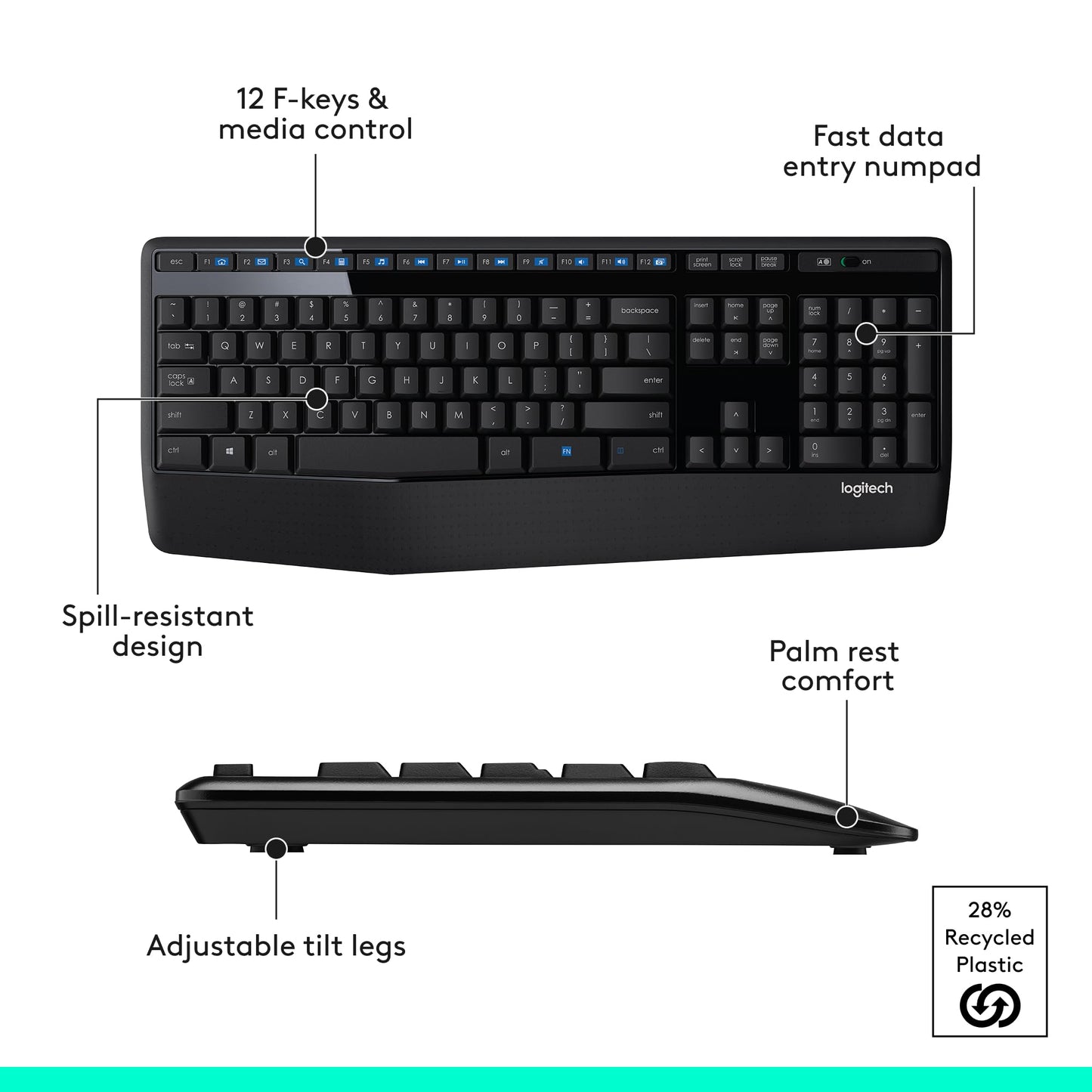 Logitech MK345 Wireless Keyboard and Mouse Combo with Palm Rest, 2.4 GHz USB Receiver, Compatible with PC, Laptop, Black