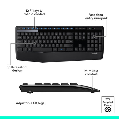 Logitech MK345 Wireless Keyboard and Mouse Combo with Palm Rest, 2.4 GHz USB Receiver, Compatible with PC, Laptop, Black