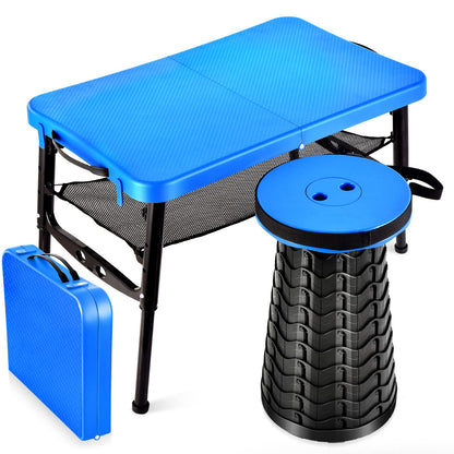 KPR Small Folding Table and Stool Set, Lightweight and Height Adjustable, Perfect for Camping, Picnic, Beach Also Ideal as Lap Desk, Bed Table, Portable Desk(Blue)