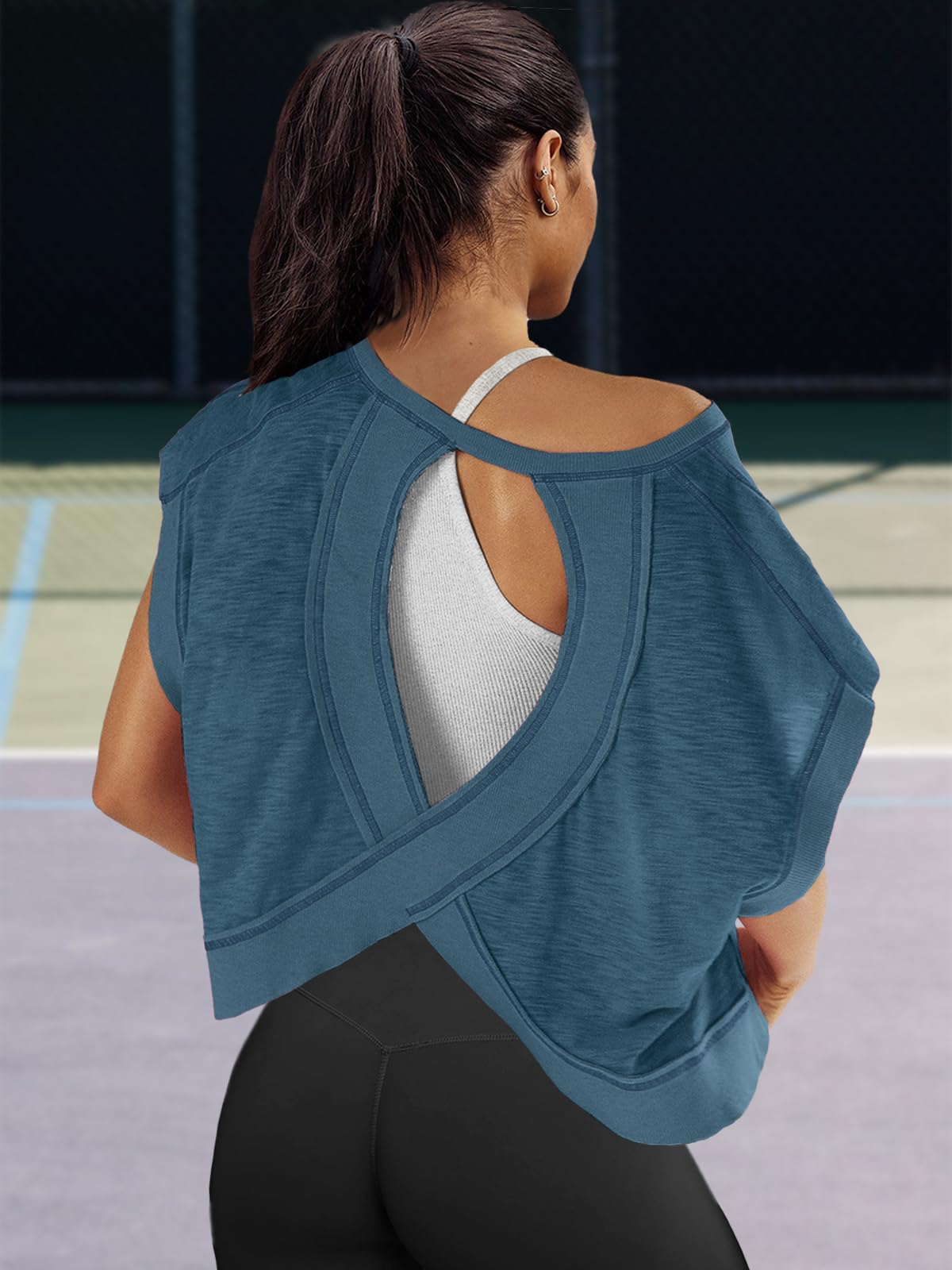 Panadila Womens Open Back Workout Top Oversized Workout T Shirts Backless Athletic Shirt Short Sleeve Baby Tee (Navy,X-Small)