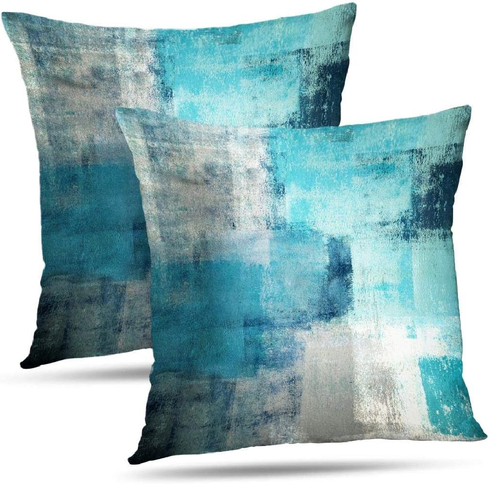 Alricc Set of 2 Turquoise and Grey Art Artwork Contemporary Decorative Gray Home Decorative Throw Pillow Covers Cushion Covers for Bedroom Sofa Living Room 18X18 Inches