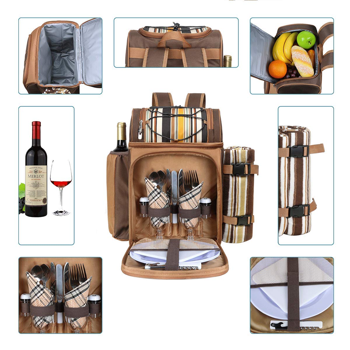 Hap Tim Picnic Basket Backpack for 2 Person with 2 Insulated Cooler Compartment, Wine Holder, Fleece Blanket, Cutlery Set, Wedding Gifts for Couples, Bridal Shower Gifts, Engagement Gifts